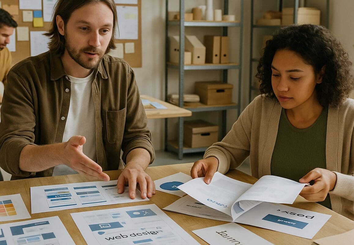 Two designers review website mockups at a worktable while a colleague organizes client materials in a small studio.