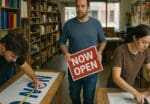 Small business owner and two staff working in a busy print and signage shop
