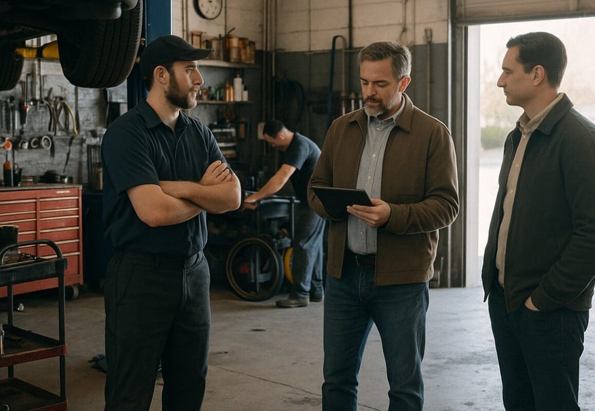 Mechanic, shop owner and customer talking in a busy auto repair shop beside a lifted car