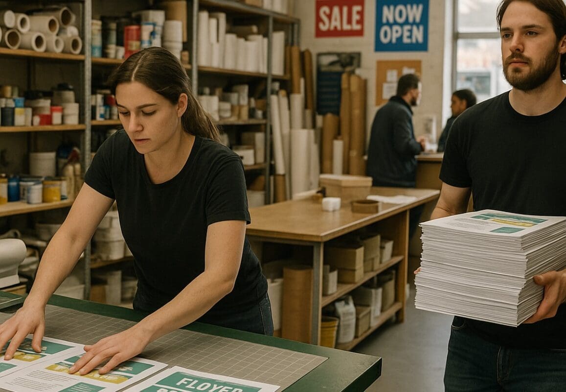 Workers producing flyers and business signage in a busy print shop while a customer talks at the counter