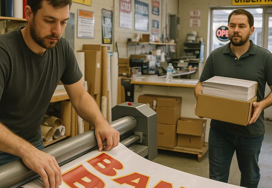 Two workers in a print shop preparing a banner and carrying printed materials at the counter