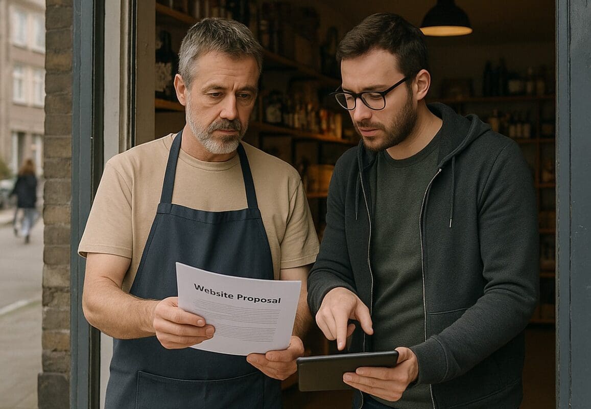 Small business owner and web consultant reviewing a website proposal inside a neighborhood storefront