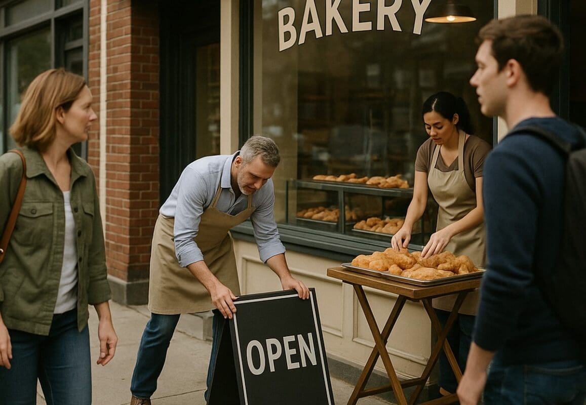 Bakery owner and employee set out an OPEN sign as customers walk past a neighborhood storefront