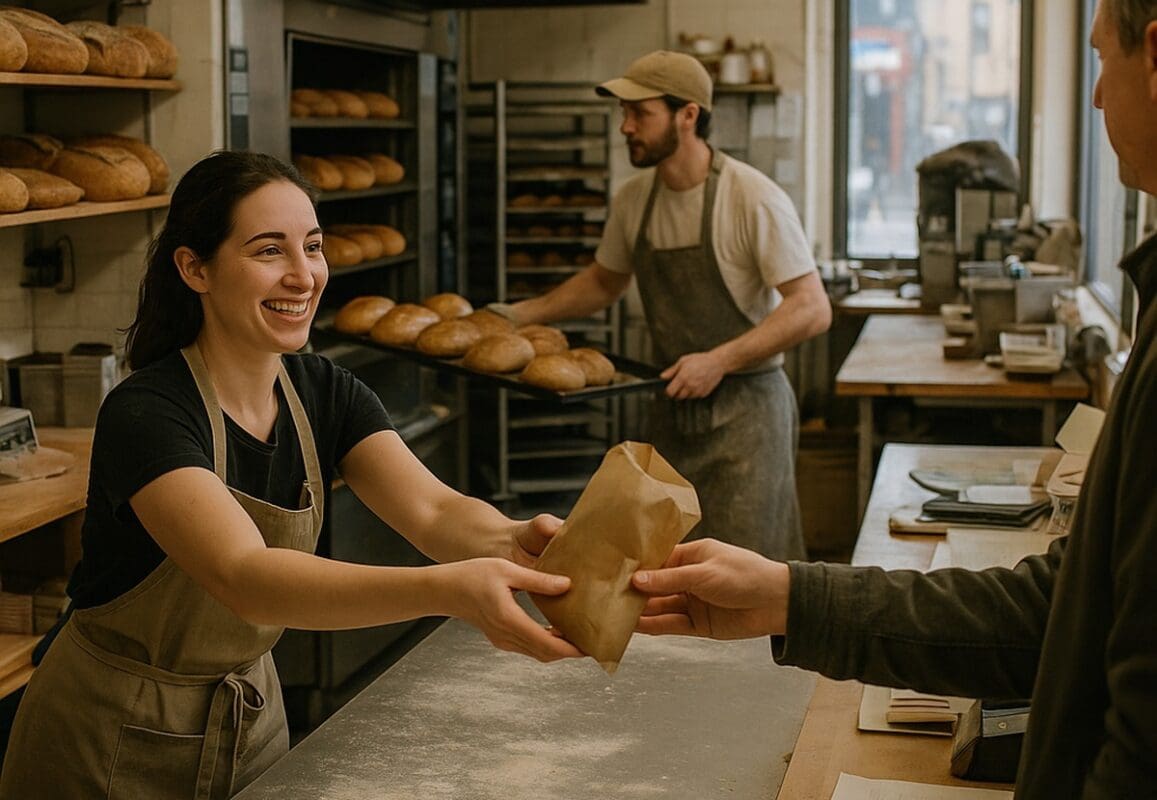 Busy local bakery staff serving a customer while bread bakes in the oven