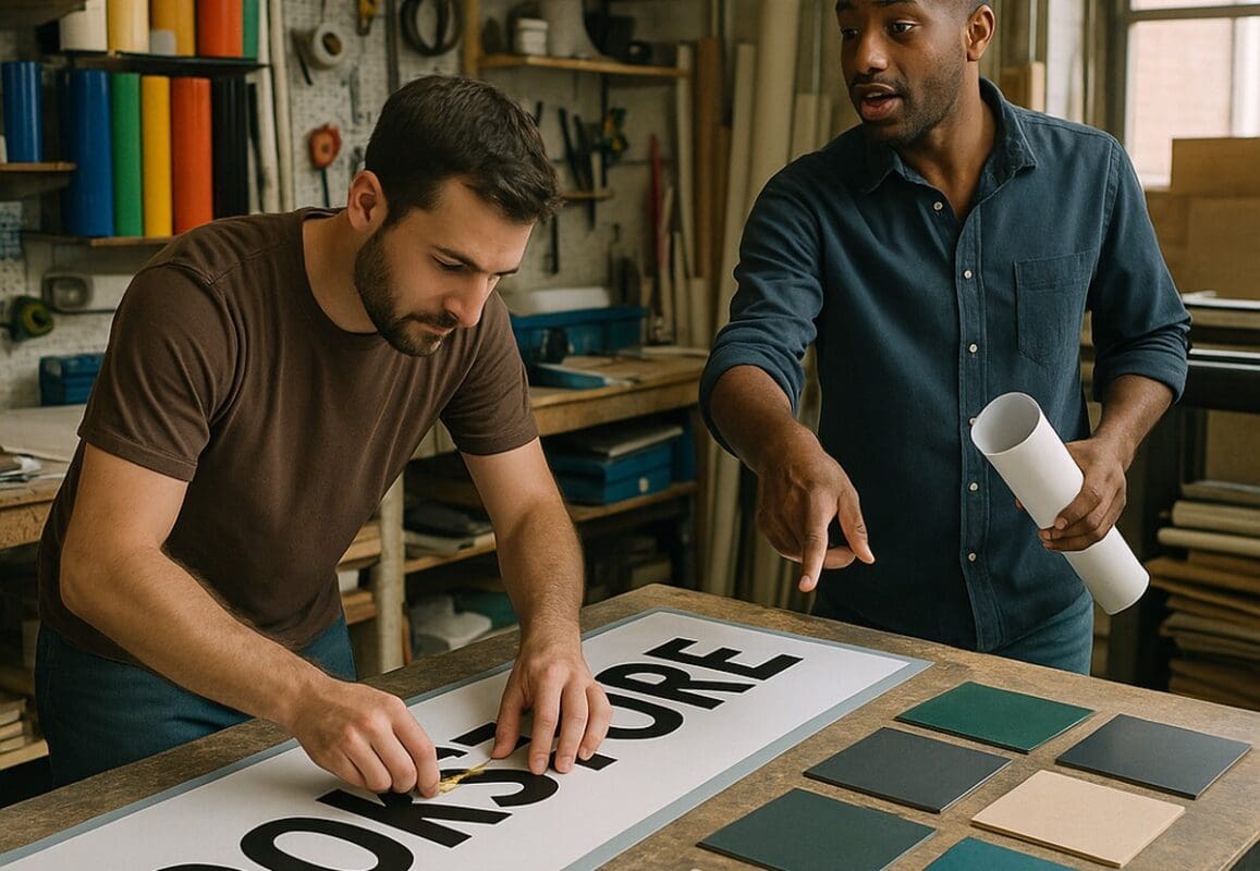 Two workers collaborate on a custom storefront sign in a busy small business sign shop.
