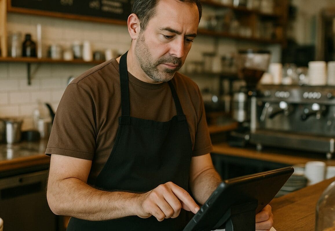 Local business owner working during a busy business day