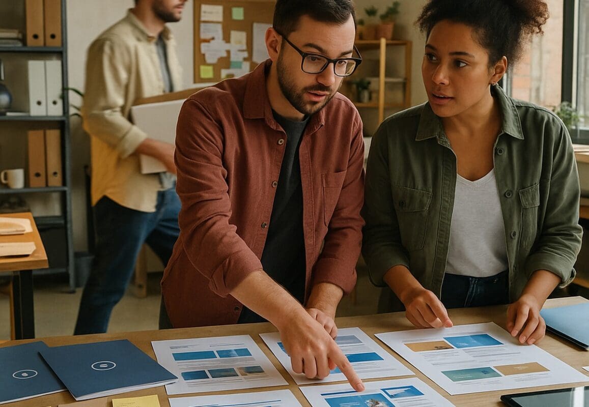 Team discussing website mockups in a busy local web design studio