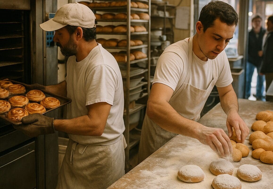 Two bakers work in a busy bakery, with fresh pastries, bread racks, and customers waiting nearby.
