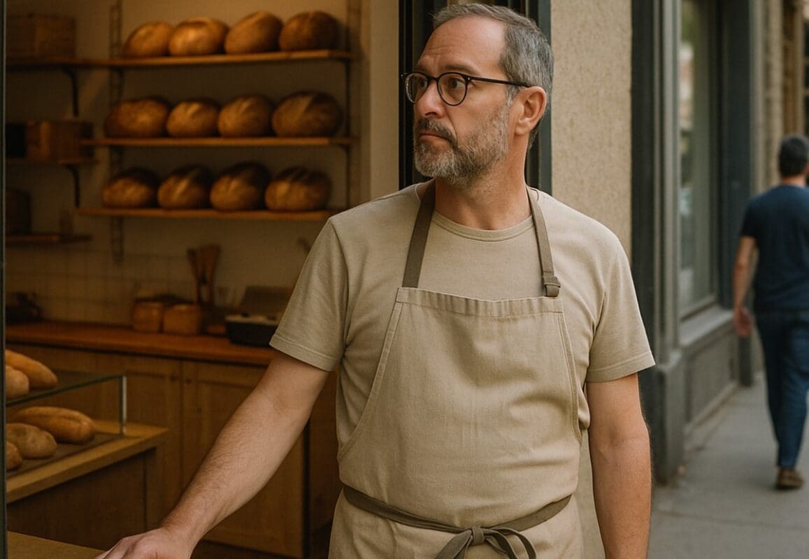 Small bakery owner watching foot traffic from the shop entrance as people walk by outside
