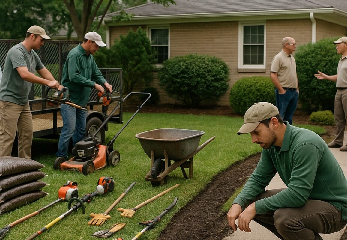 Two landscapers unload equipment from a trailer while a coworker tends garden beds at a suburban home.