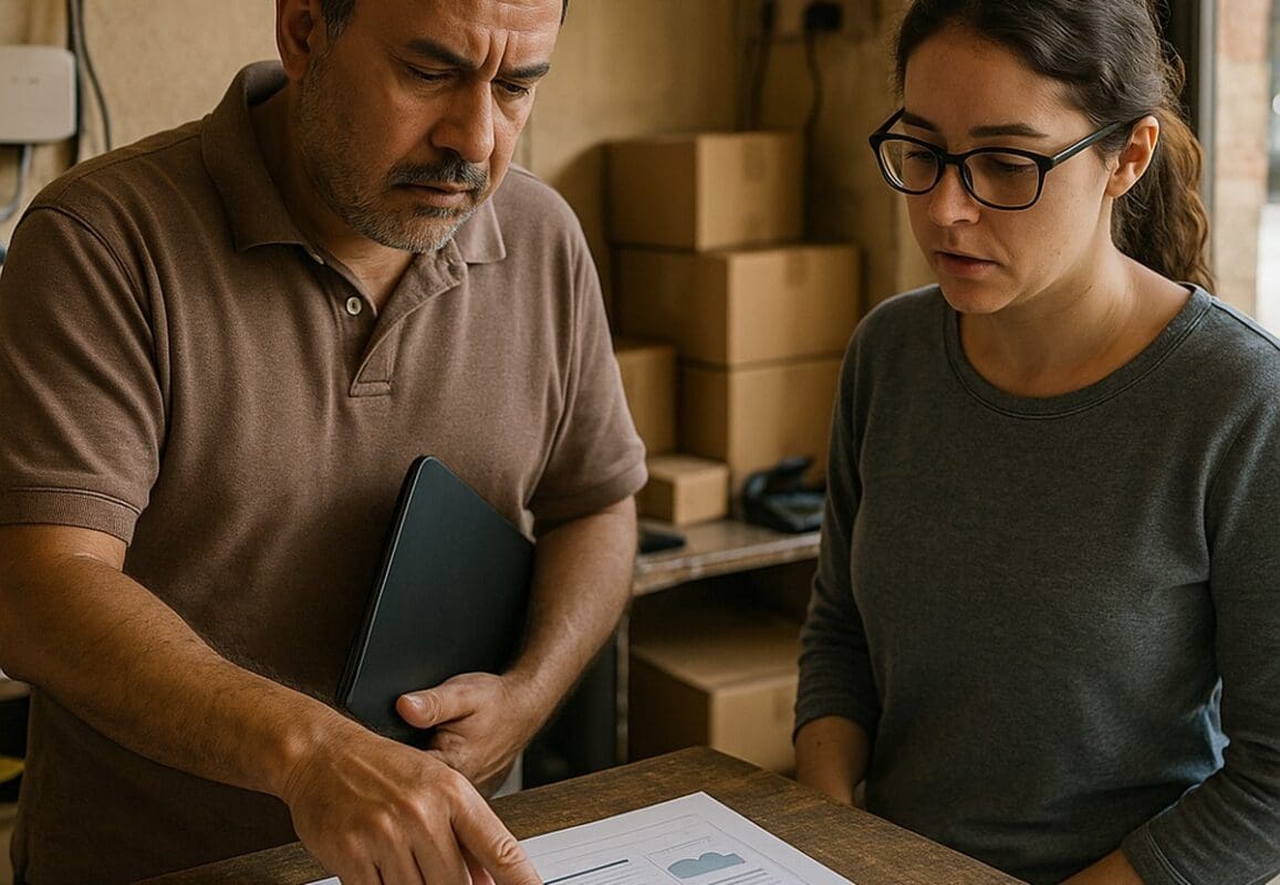 Small business owner reviewing website reports with a developer beside a shop work area and router.