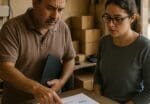 Small business owner reviewing website reports with a developer beside a shop work area and router.