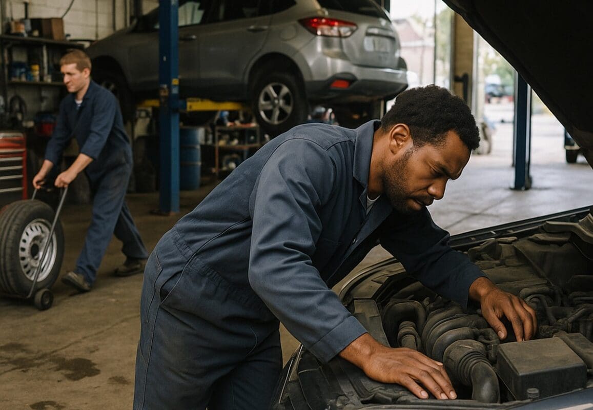 Mechanic working under a car in a busy auto repair shop with a tire cart and vehicle on a lift