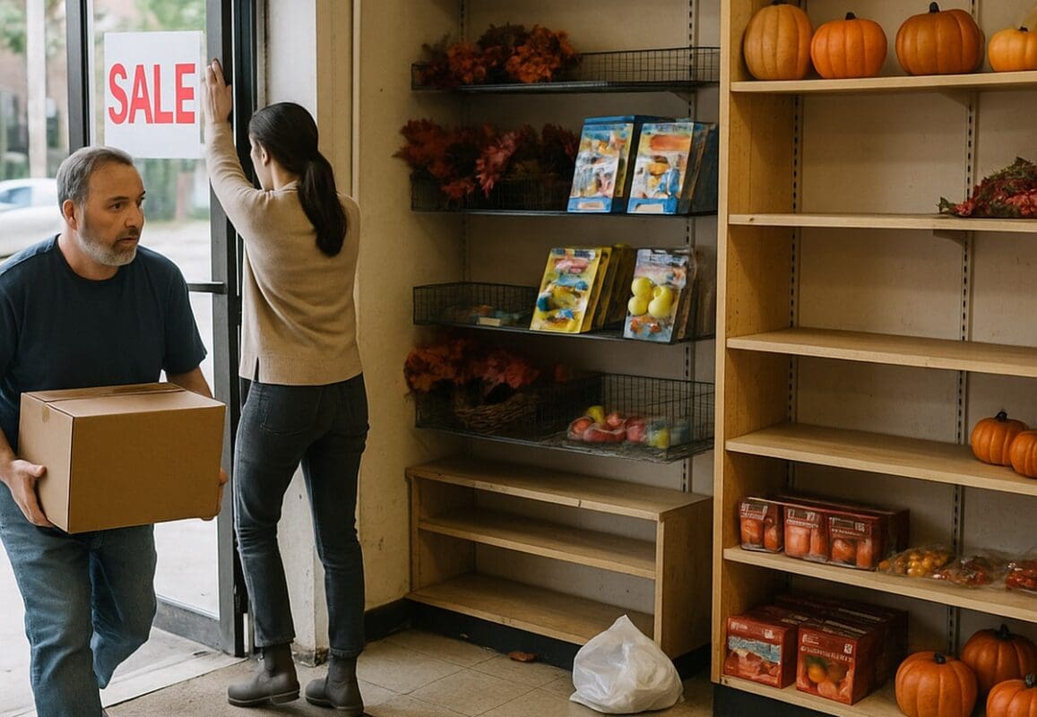Small shop owner and employee checking inventory and storefront before opening for the day