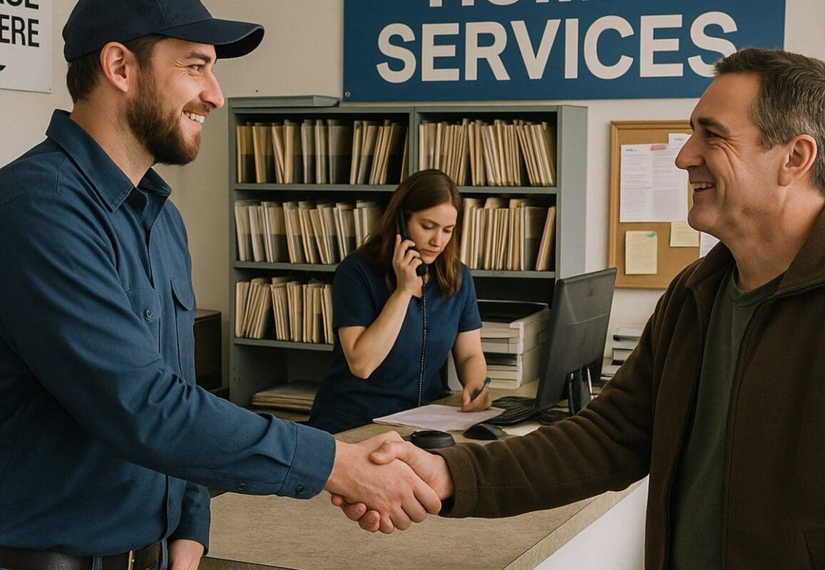 Technician greets a customer at a busy home services reception desk while staff answer phones behind him
