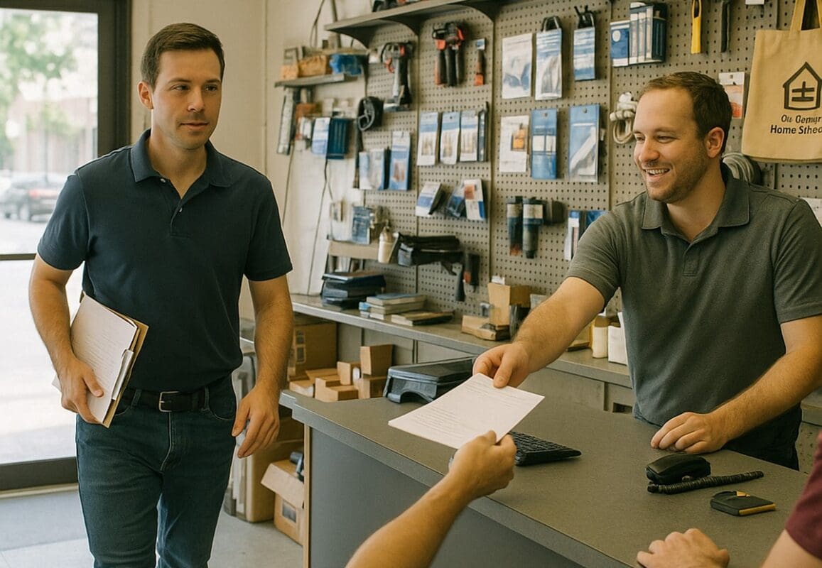 Busy small-business storefront with staff helping customers and handing over a printed estimate