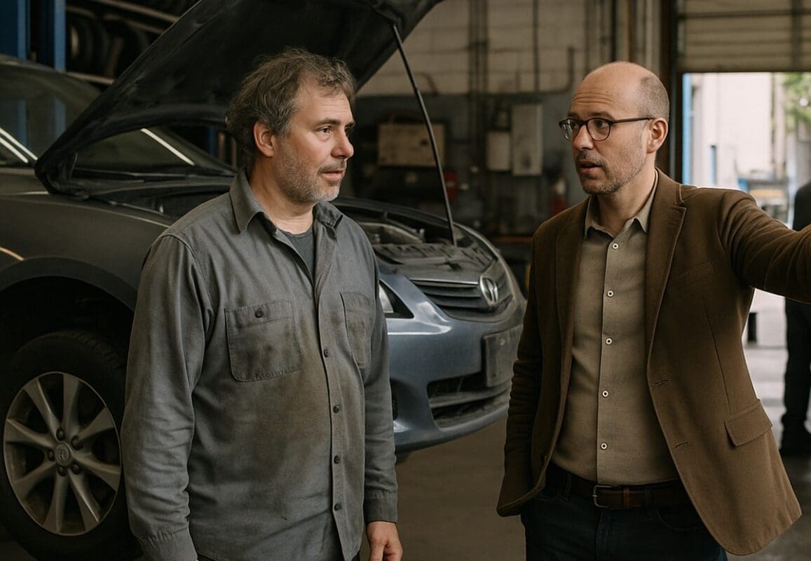 Mechanic and small business owner talking beside a lifted sedan in a busy auto repair shop