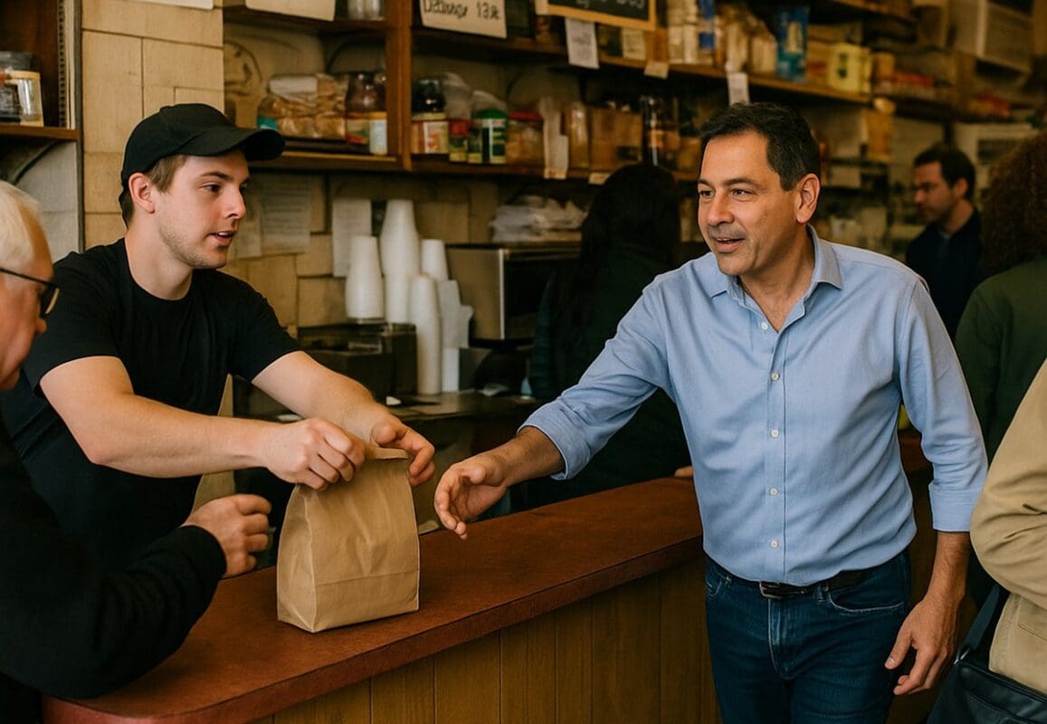 Small business owner and employee helping customers at a busy neighborhood storefront counter