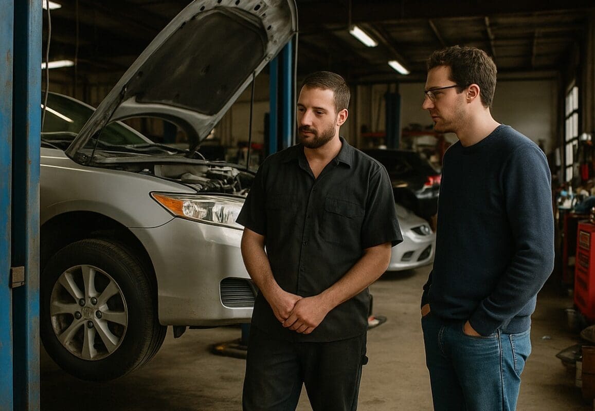 Mechanic and customer discussing a car repair in a busy auto shop with raised vehicle and open hood