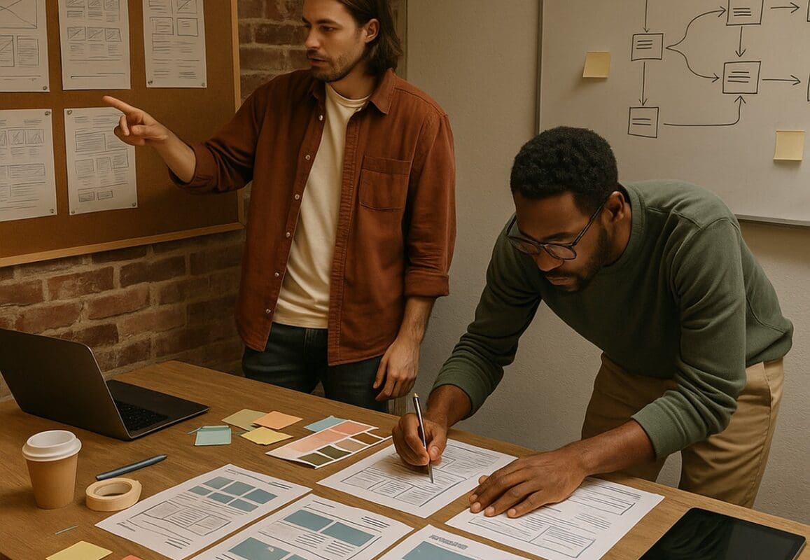 Two designers review wireframes and homepage mockups in a small web design studio.