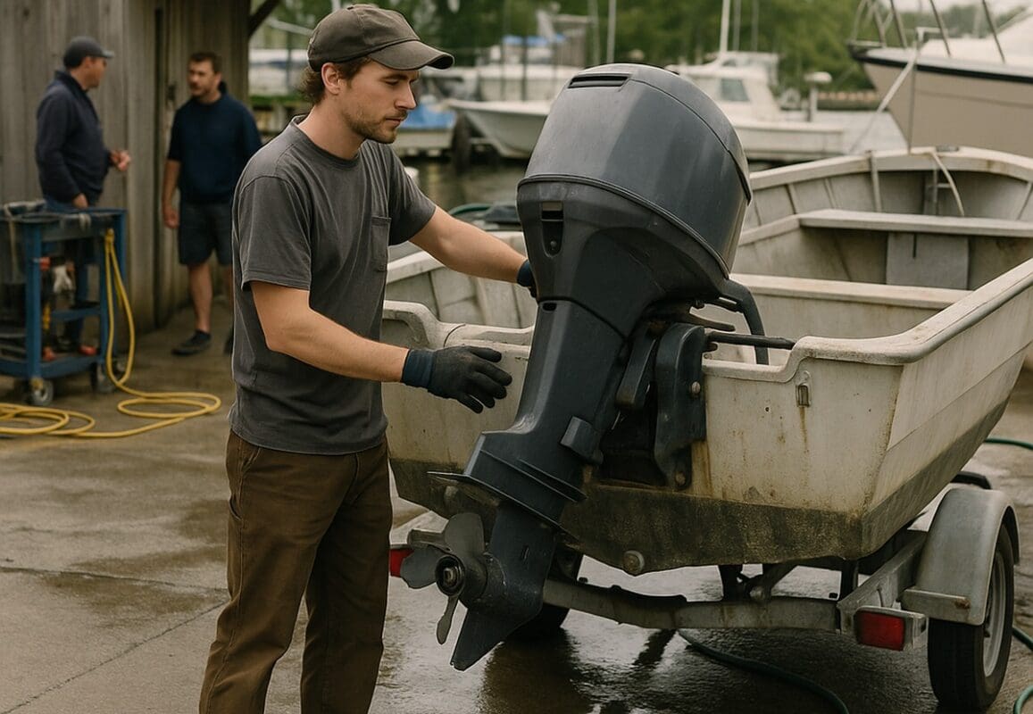 Boat service worker inspecting an outboard motor at a small marina repair yard