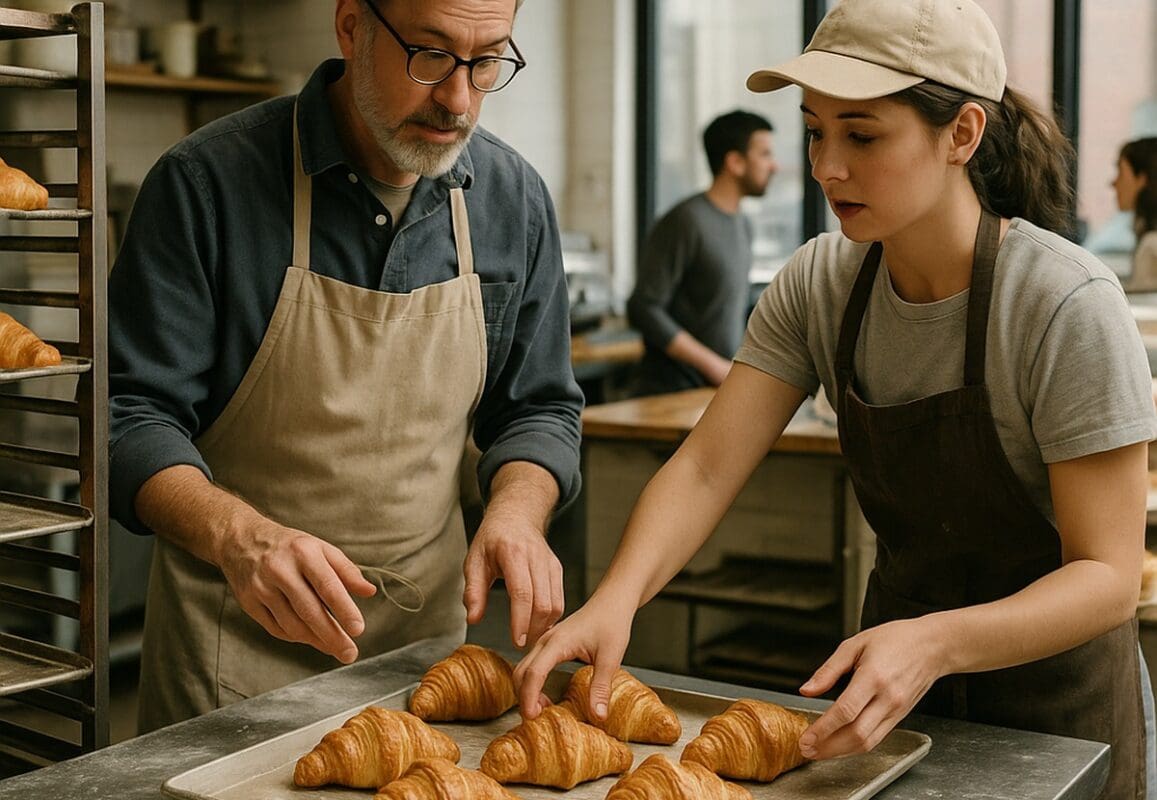 Bakery owner and staff arranging pastries on a prep table in a busy neighborhood bakery