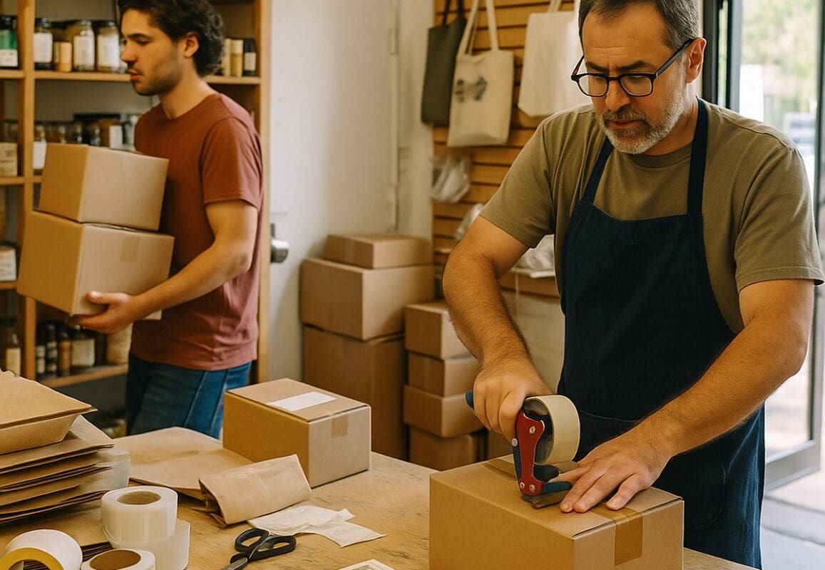 Small shop owner and employee packing customer orders in a busy storefront workspace
