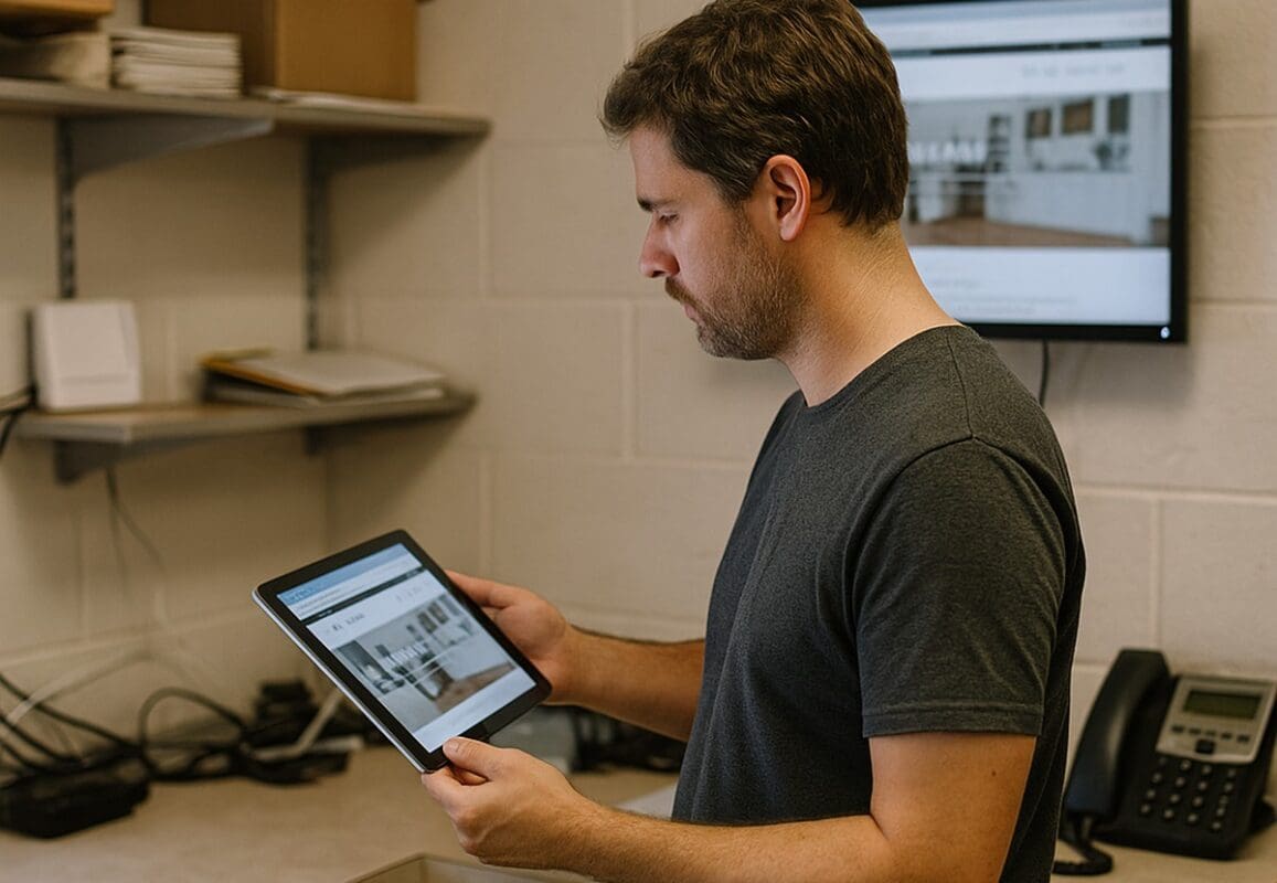 Web developer checking a WordPress homepage on a tablet beside a wall monitor in a small business back office