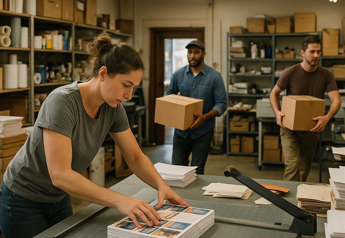 Workers handling printed brochures and boxes inside a busy neighborhood print shop