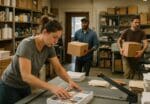 Workers handling printed brochures and boxes inside a busy neighborhood print shop