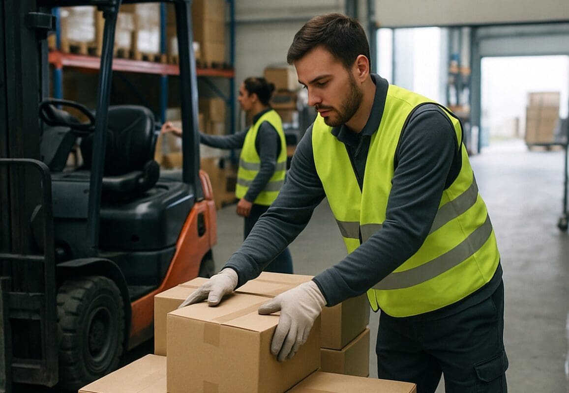 Warehouse worker organizing boxed inventory beside a forklift in a busy industrial warehouse