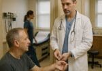 Doctor checking a patient’s pulse in a small clinic exam room, with a nurse moving in the background