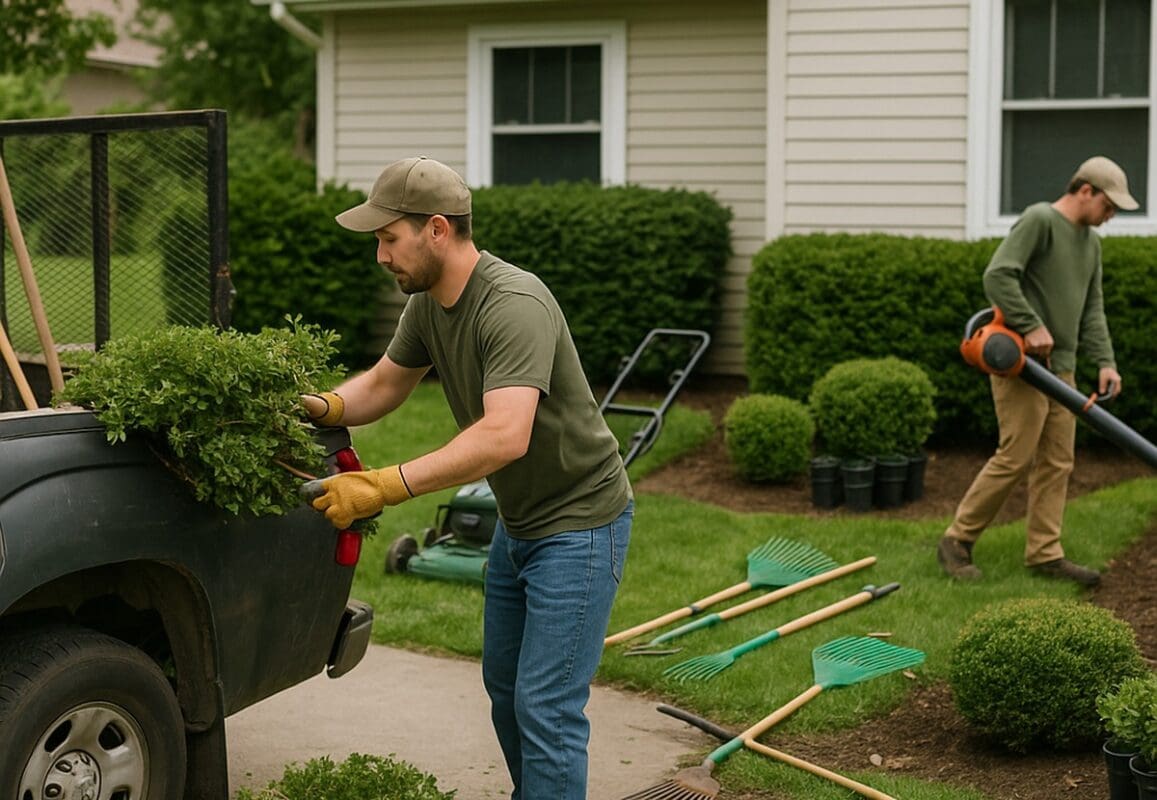 Landscaper loading tools into a pickup truck while a coworker uses a leaf blower in a suburban yard