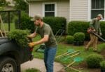 Landscaper loading tools into a pickup truck while a coworker uses a leaf blower in a suburban yard