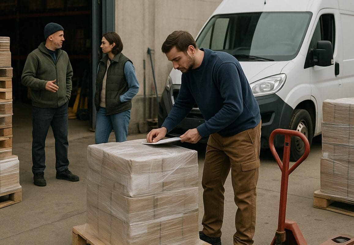Two warehouse workers staging pallets for delivery beside a small box truck in an industrial yard