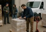 Two warehouse workers staging pallets for delivery beside a small box truck in an industrial yard