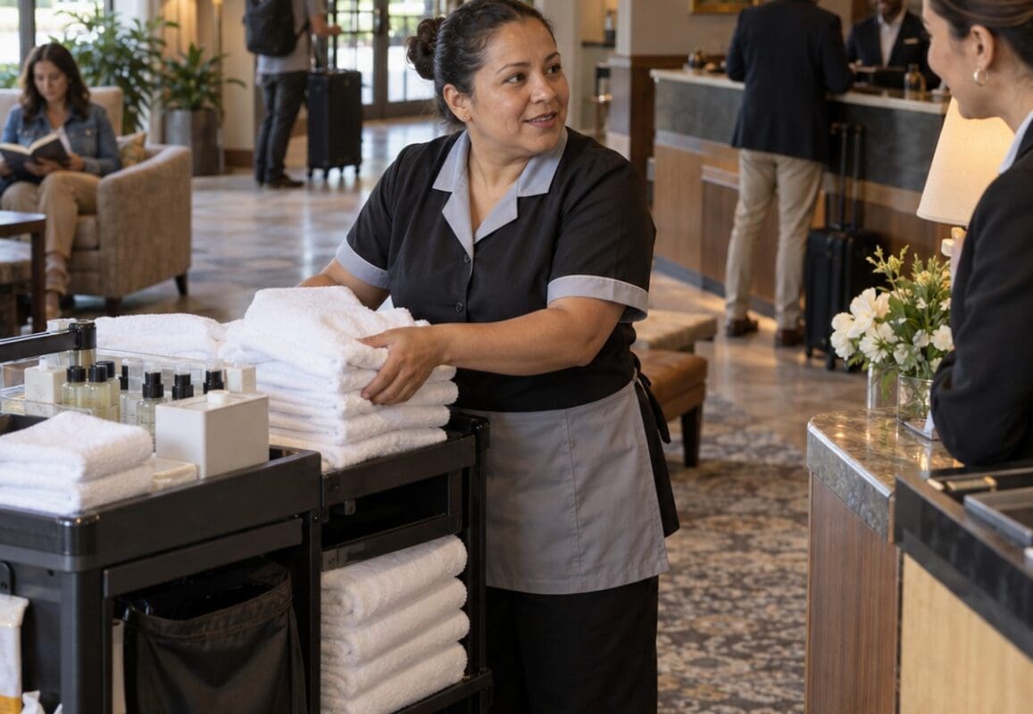 Hotel worker organizing towels and toiletries in a small hotel lobby while speaking with a receptionist